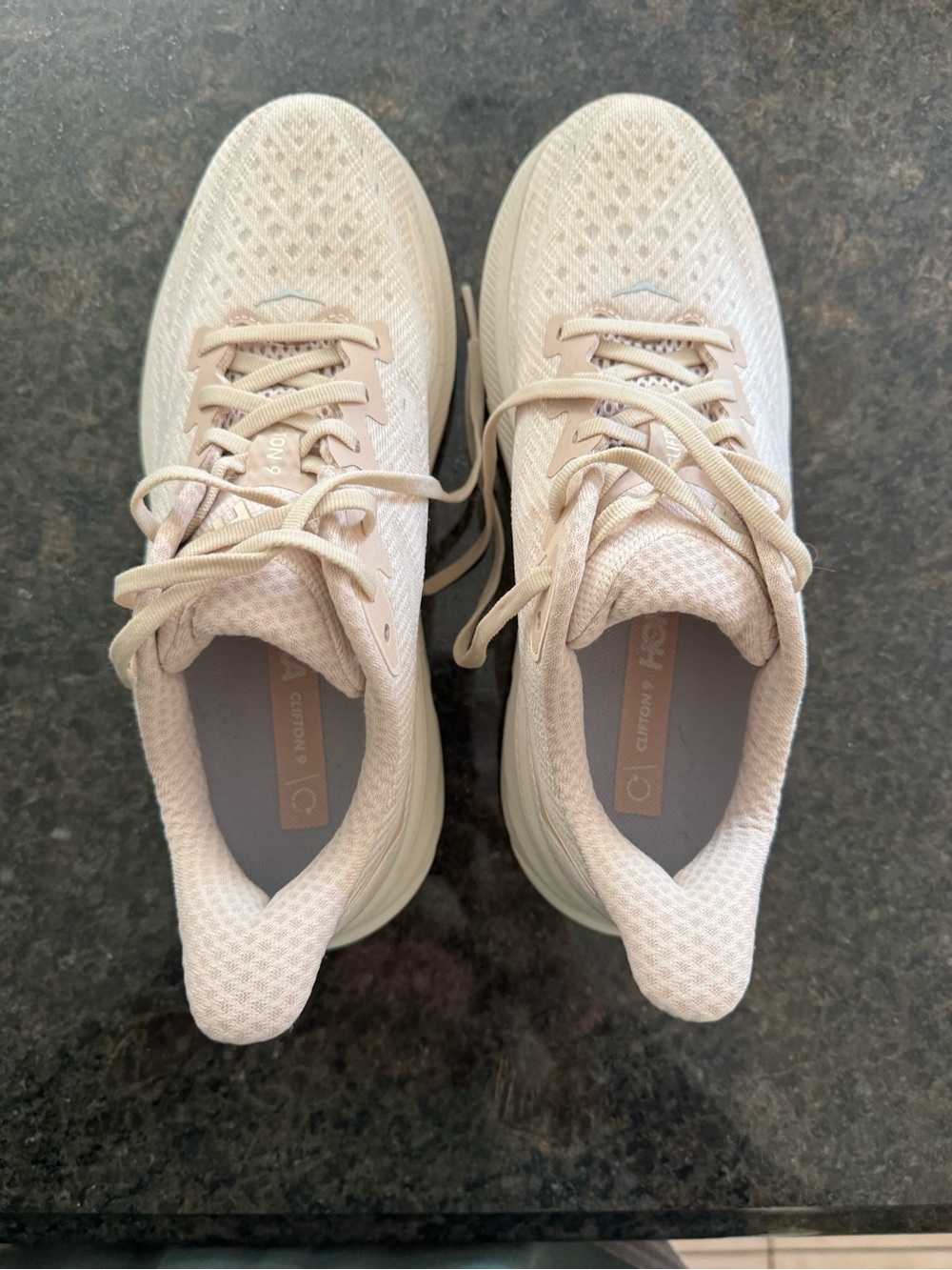 Hoka Clifton 9 Women’s Light Beige Knit Athletic Running Shoes